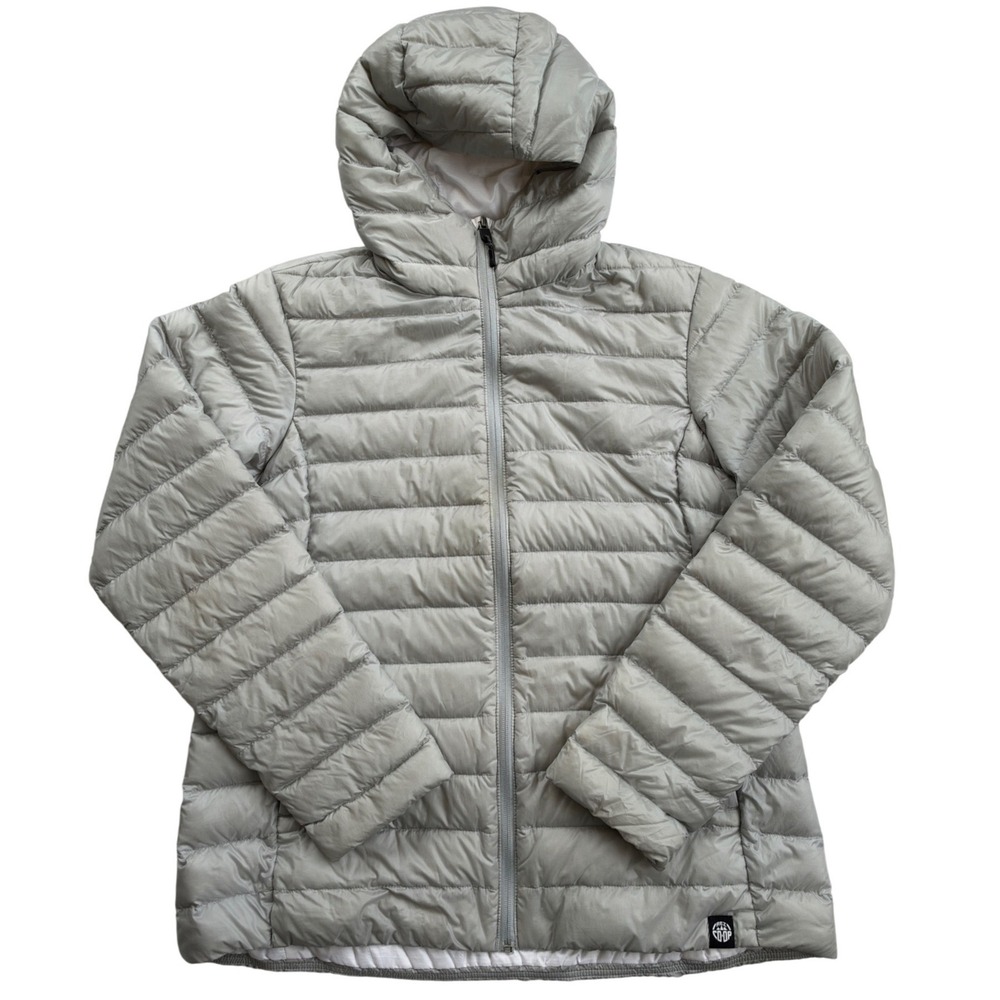 REI Co-op Down Hoodie Women L Gray Puffer Jacket 650 Fill Insulated Excellent
